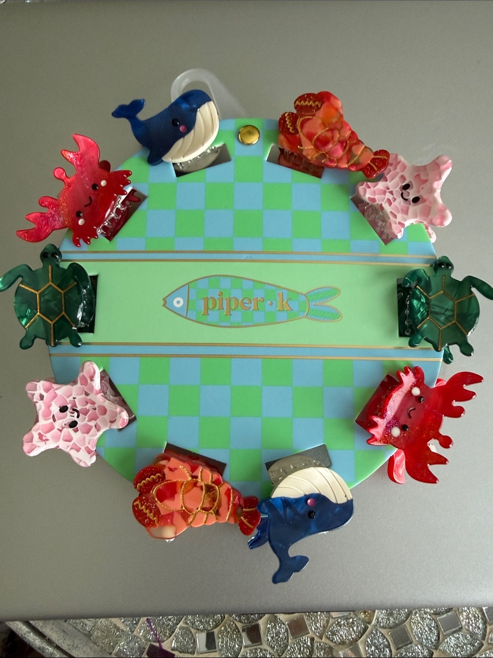 piper•k Mint & Blue Checkerboard Decorative Girls Hair Clips Set